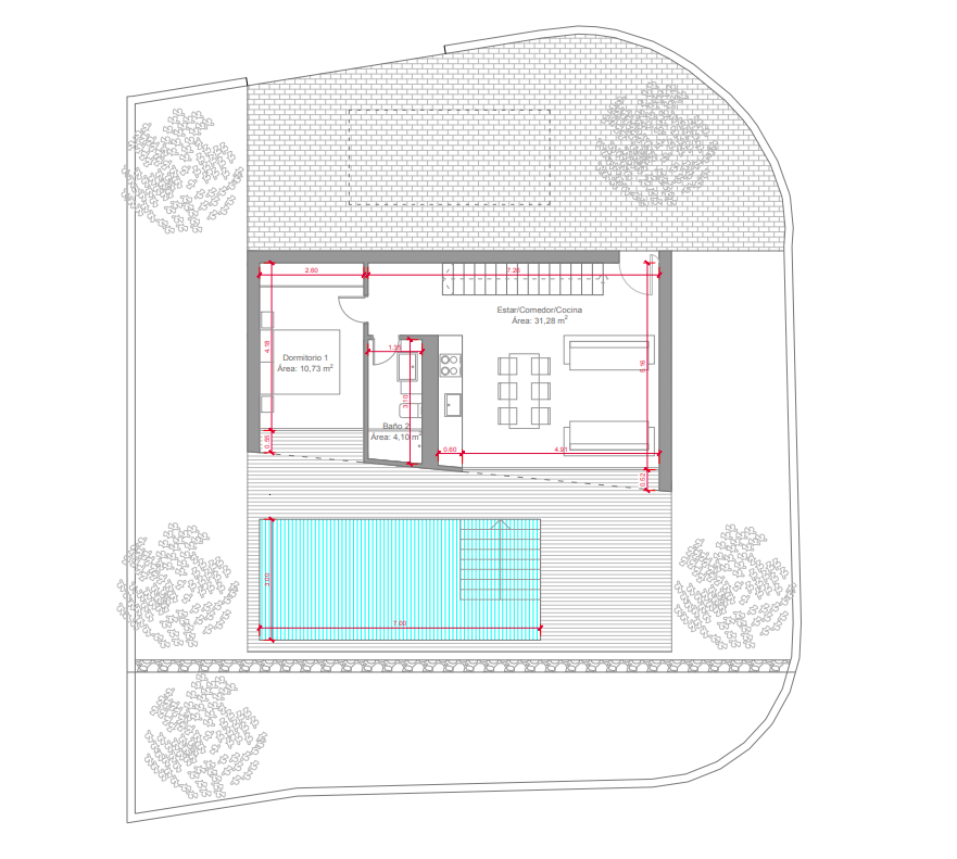 Detaillierter Grundriss des Erdgeschosses mit 31 m² Wohn-Essbereich, einem Schlafzimmer, Bad und Außenanlage inklusive 7x3 Meter großem Pool und Terrasse.