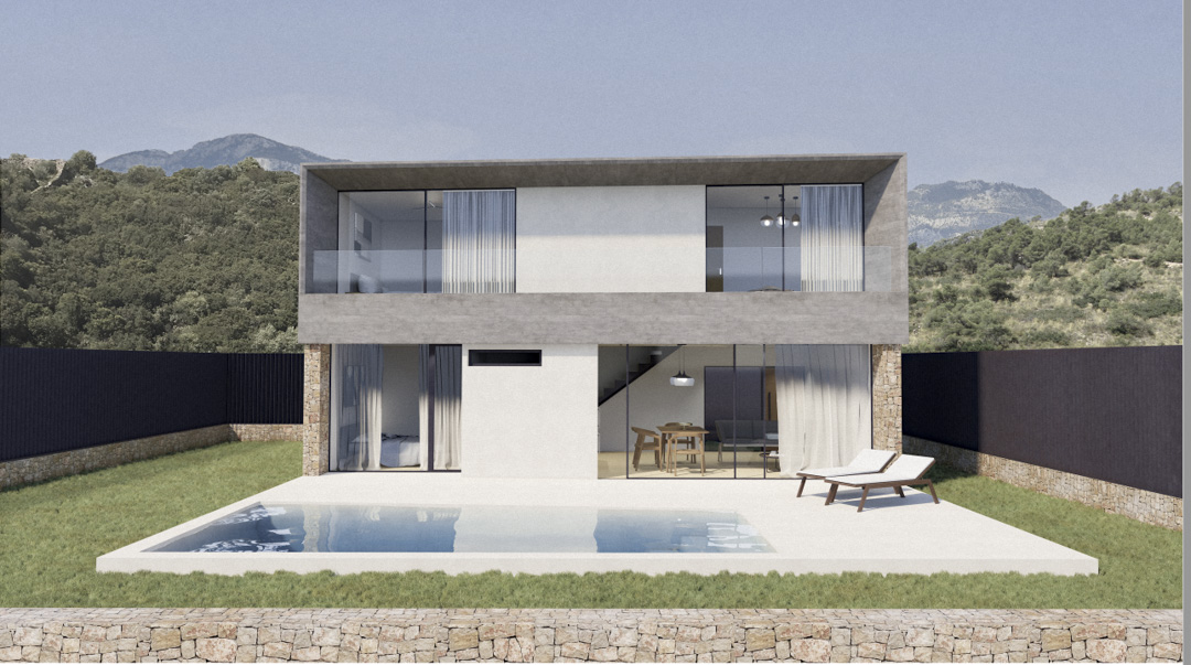 Minimalistische zweistöckige Fassade mit raumhoher Verglasung, rechteckigem Pool auf weißer Terrasse und Natursteinakzenten vor bergiger Kulisse.