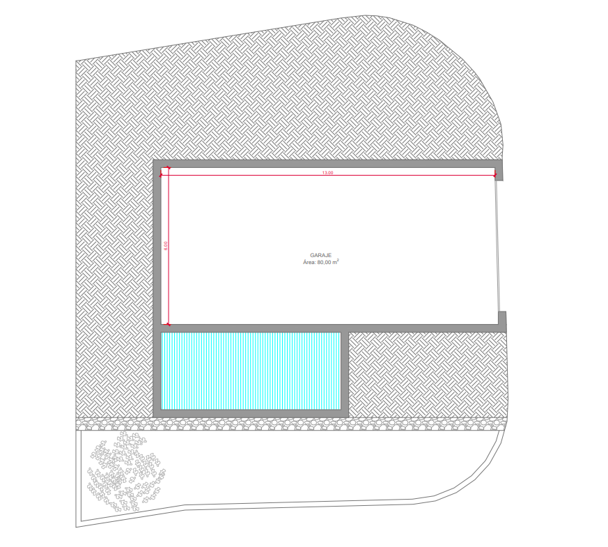 Technischer Grundriss des Souterrains mit einer 80 m² großen Garage (13 x 6 Meter), die direkt an den Poolbereich der Villa angrenzt.