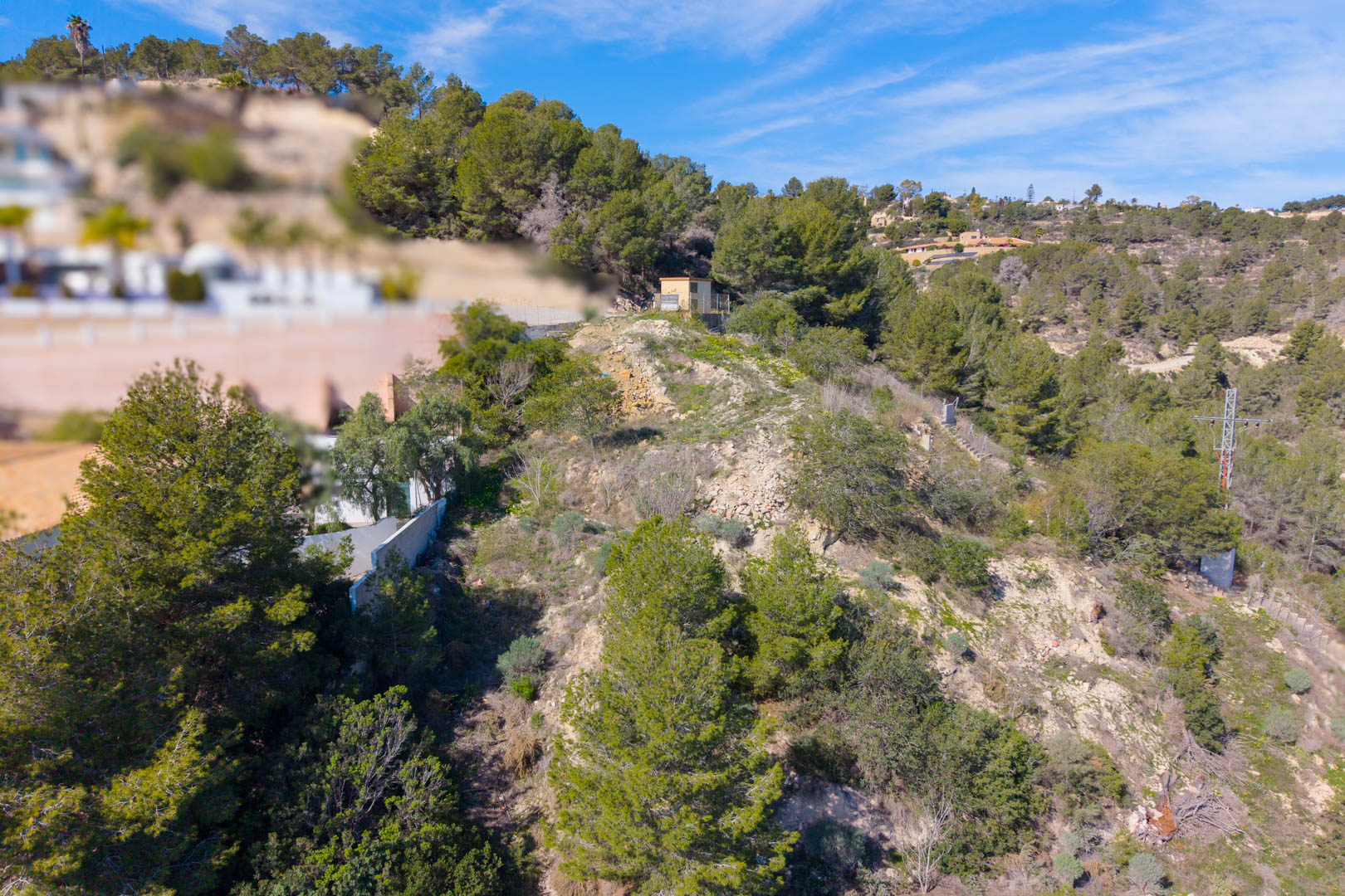 Steiles Hanggrundstück in Tossal Los Bancales mit mediterranem Pinienbestand, natürlicher Vegetation und vorhandener Infrastruktur in sonniger Lage.