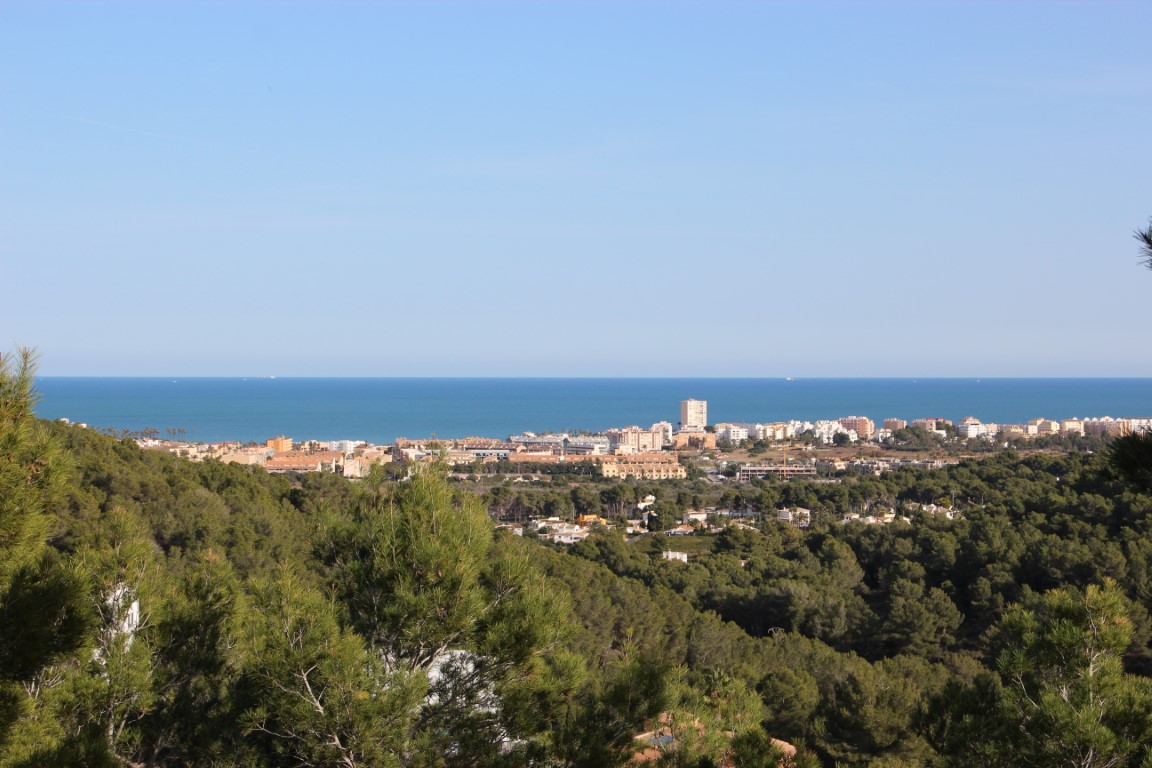 Panoramablick auf das Mittelmeer und die Küstenstadt von den erhöhten Grundstücken aus, eingebettet in einen dichten Pinienwald unter klarem, blauem Himmel.