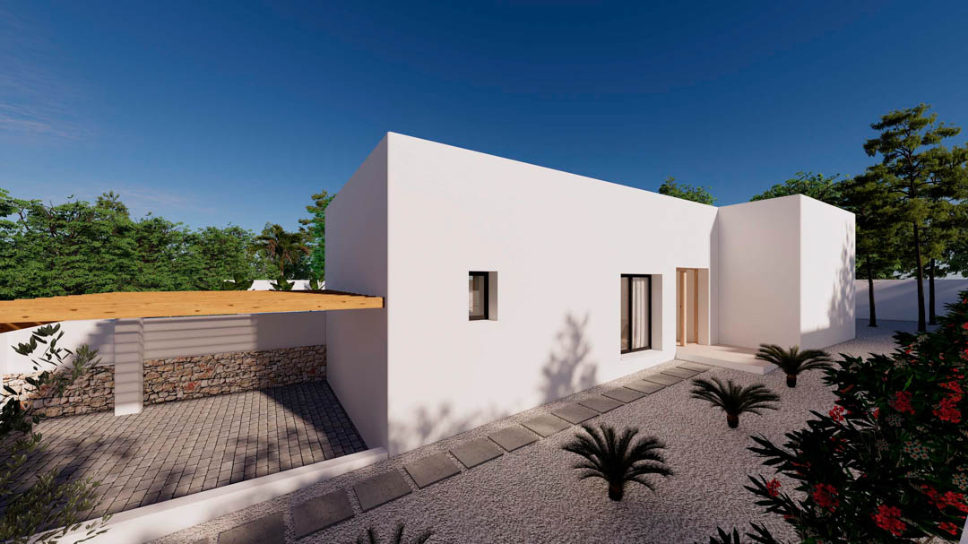 Minimalistische Fassade im ibizenkischen Stil mit weißen Wänden, Holzpergola-Carport und einem pflegeleichten Kiesgarten mit Trittsteinpfad und Palmen.