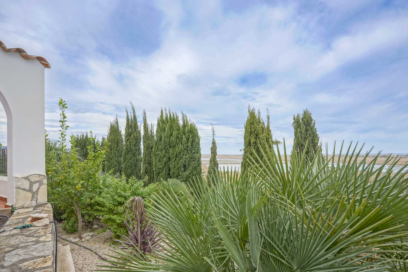 Gartenblick mit Zypressen und Palmen, von der Terrasse der Villa in Monte Pego.