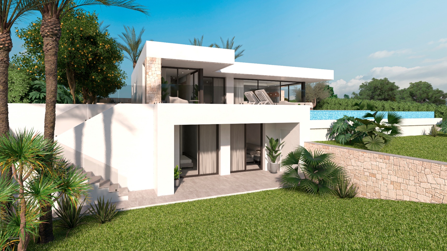 Außenansicht der Villa mit Garten, blauem Pool und Natursteinfassade.
