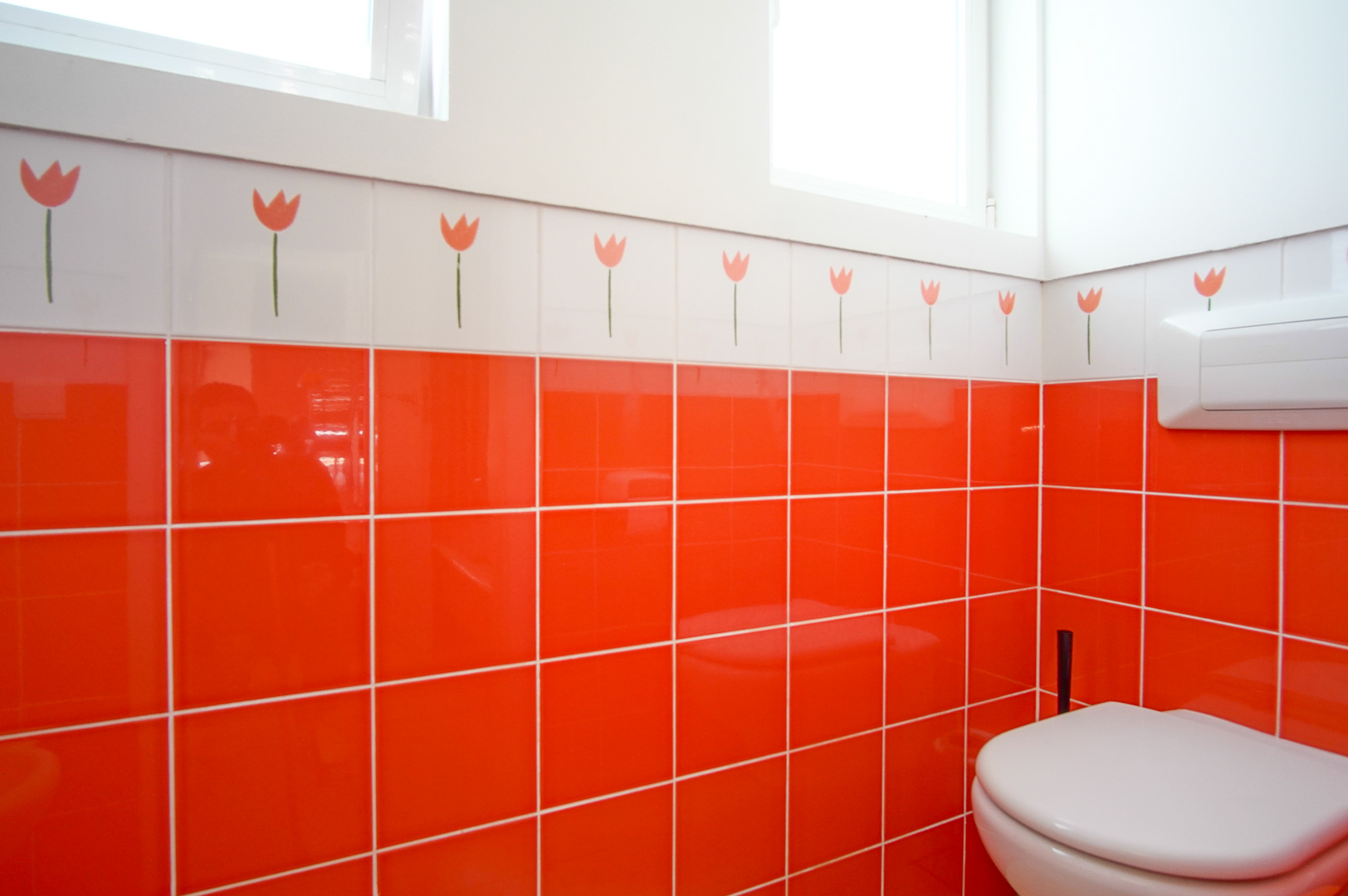 Dieses Badezimmer besticht durch kräftige orangefarbene Fliesen und eine dekorative Bordüre mit Tulpenmotiven. Es bietet ein Wand-WC und helles, natürliches Licht.