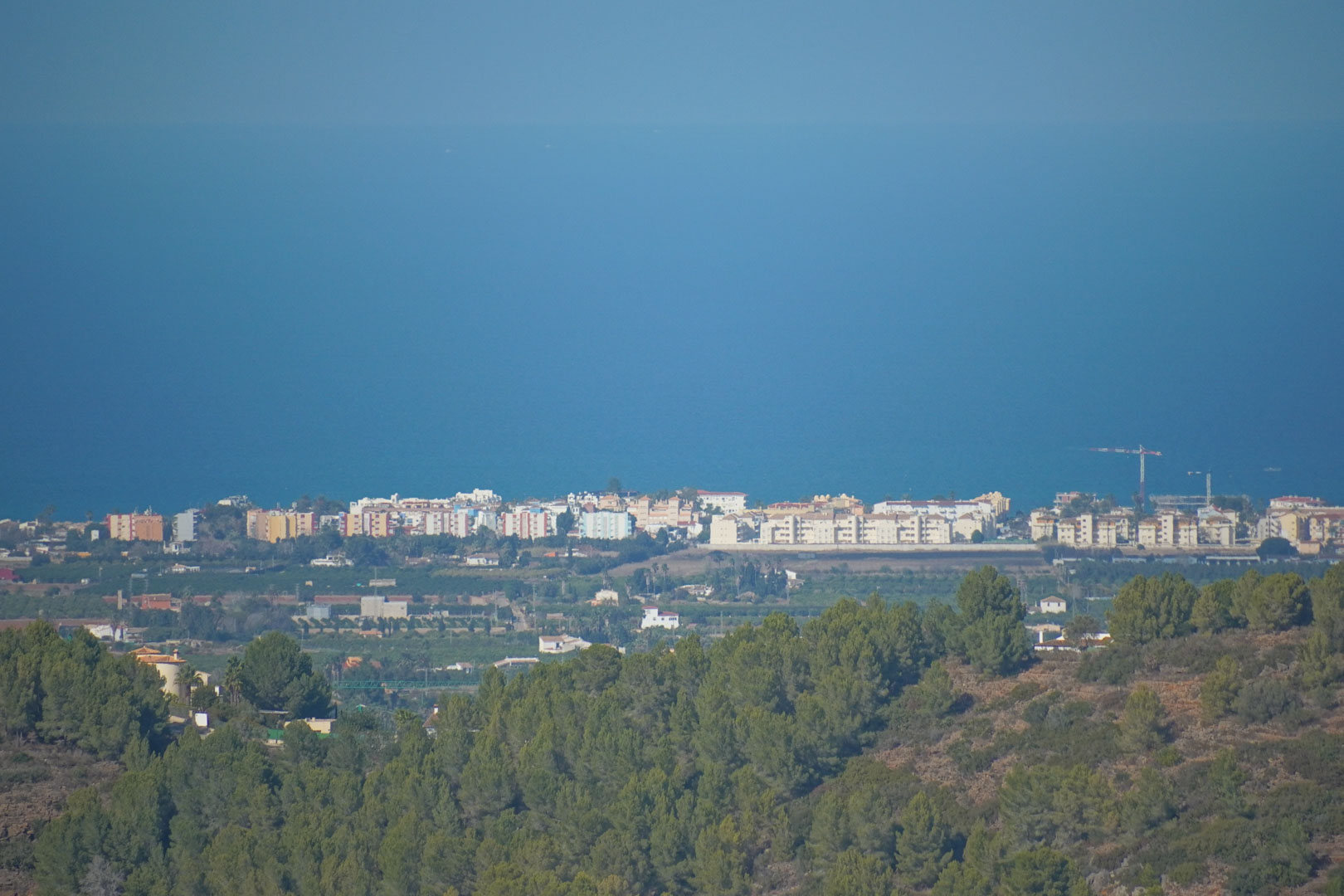 Panoramablick vom Anwesen auf die Mittelmeerküste, der den Kontrast zwischen dem Pinienwald und dem blauen Meer am Horizont verdeutlicht.