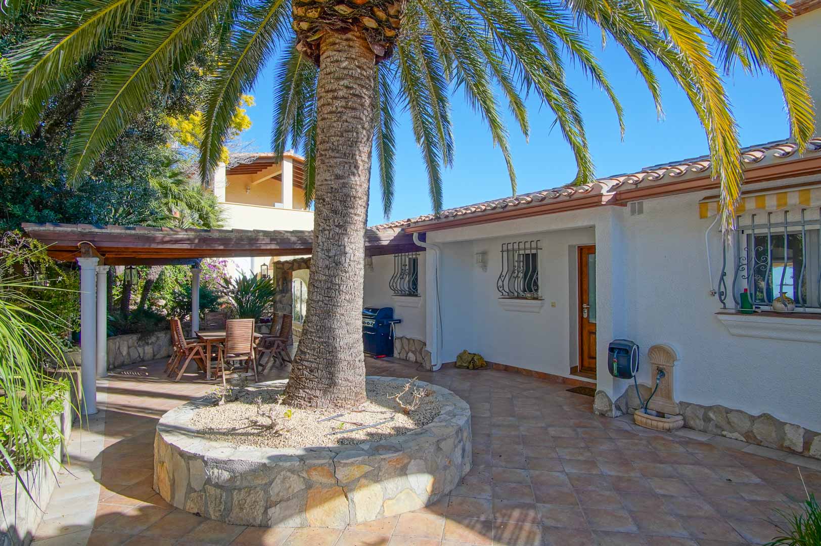 Außenbereich mit Terrakottafliesen, einer zentralen Palme im Steinbeet und einem schattigen Essbereich unter einer Holzpergola.