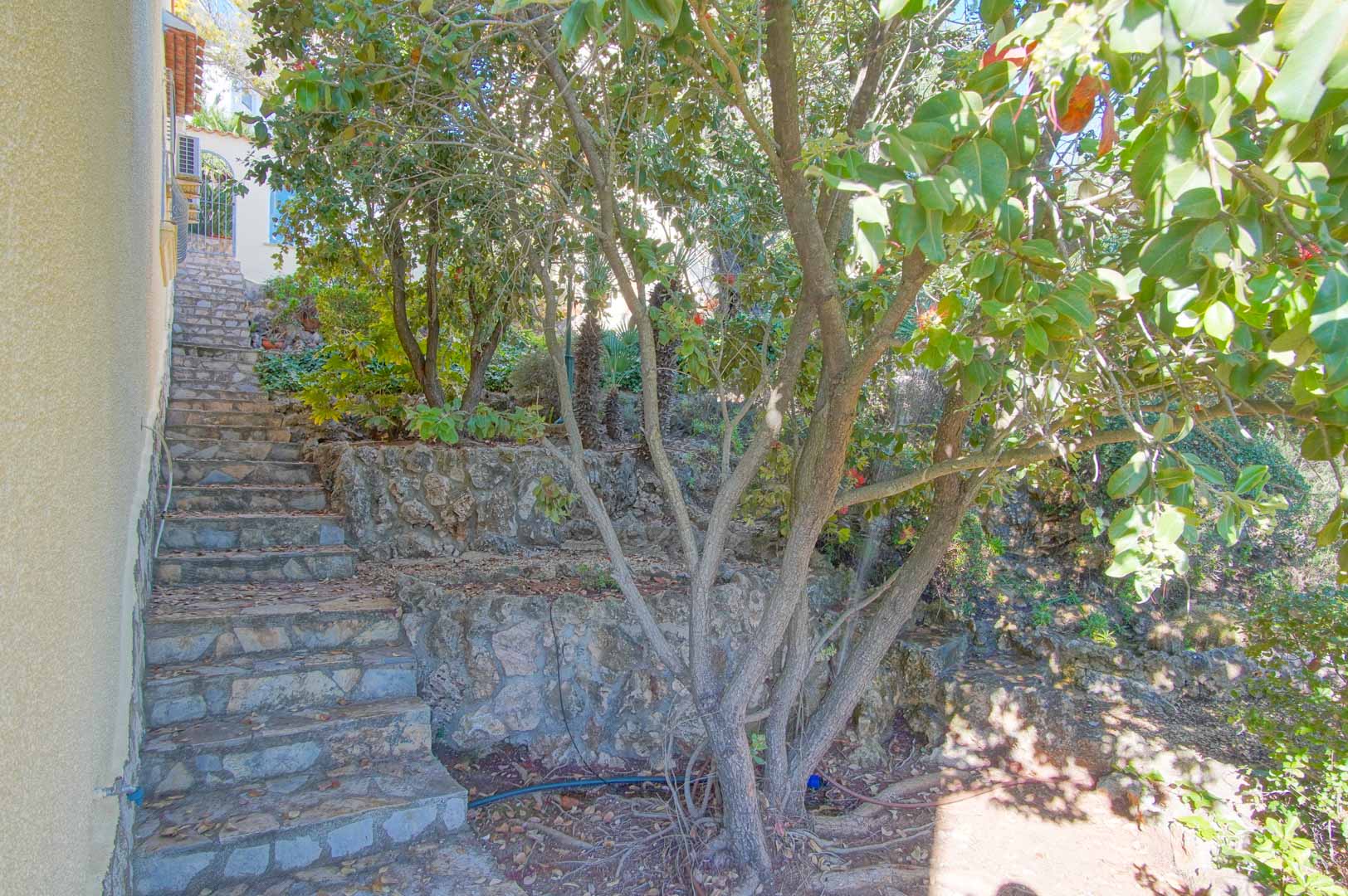 Außenliegende Natursteintreppe, die durch einen terrassierten Garten mit Trockensteinmauern und mediterranem Baumbestand nach oben führt.