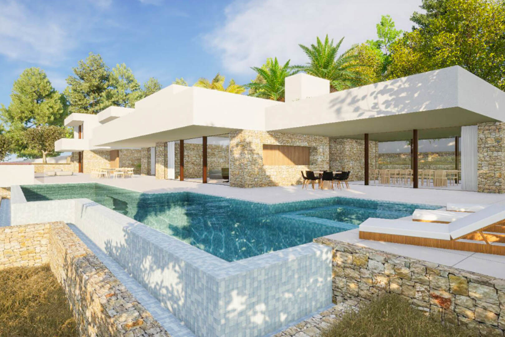 Außenansicht mit Infinity-Pool aus Mosaikfliesen, Natursteinmauern und moderner Architektur im ibizenkischen Stil inmitten mediterraner Vegetation.