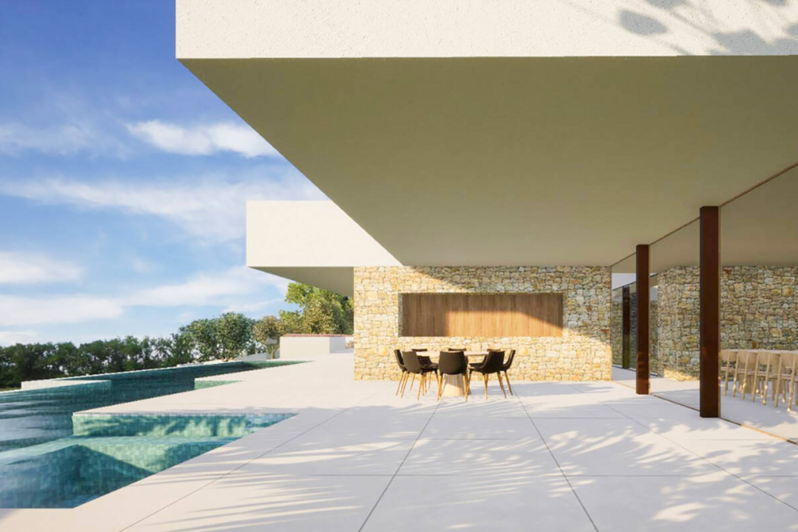 Außenterrasse mit Natursteinwänden, großformatigen Fliesen und schattigem Essbereich unter einem modernen Kragarm, direkt am türkisfarbenen Infinity-Pool.