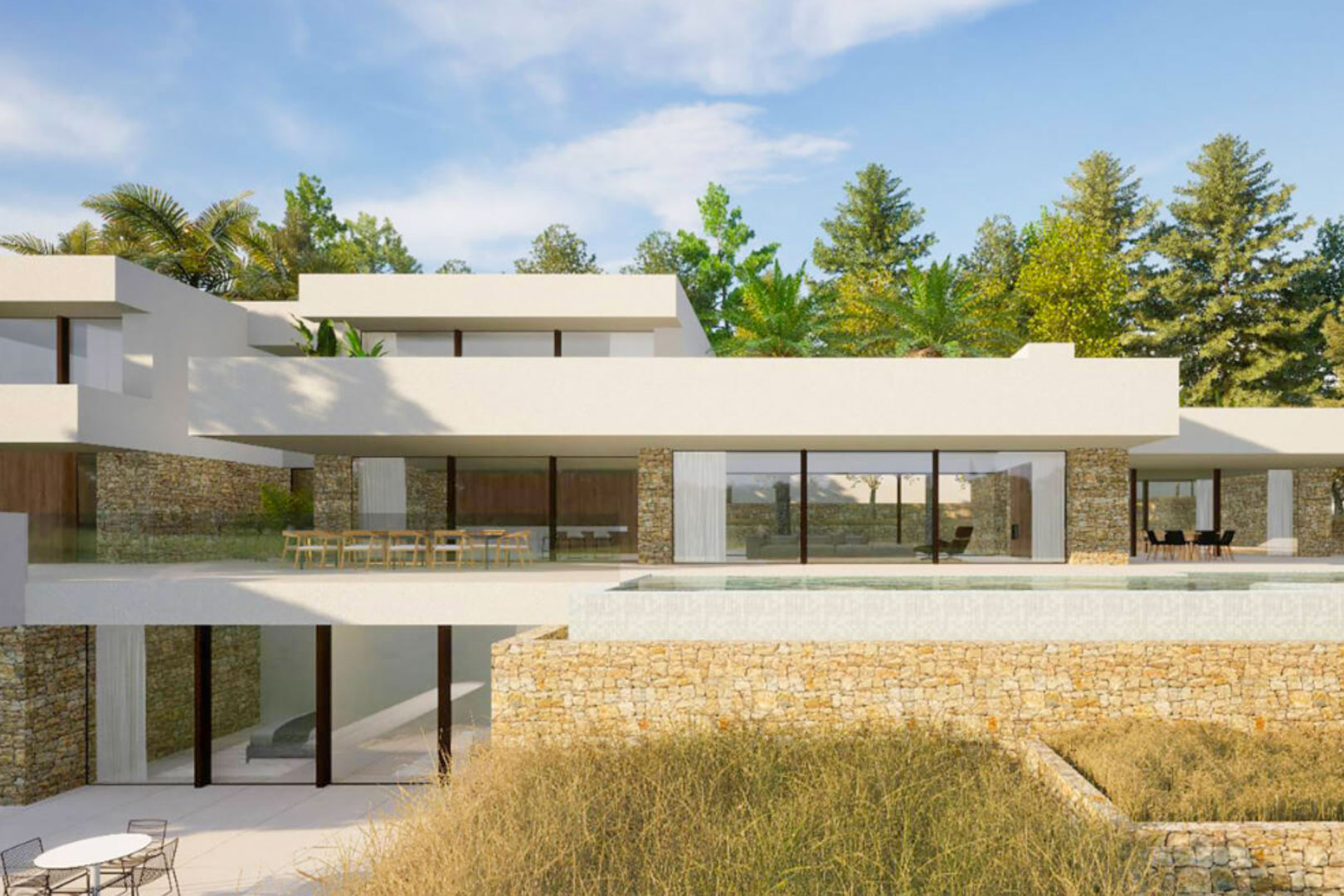 Moderne dreistöckige Villa mit Natursteinwänden, bodentiefen Glasfronten und einem in die Hauptterrasse integrierten Infinity-Pool.