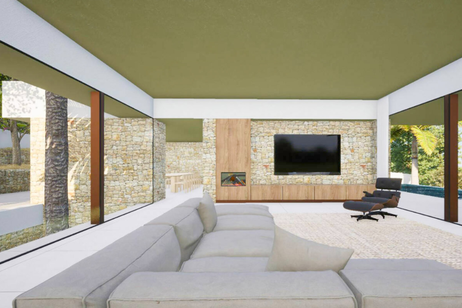 Moderner Wohnbereich mit Natursteinwand, integriertem Kamin, Designermöbeln und bodentiefen Glasfronten mit Blick auf die Außenanlage.