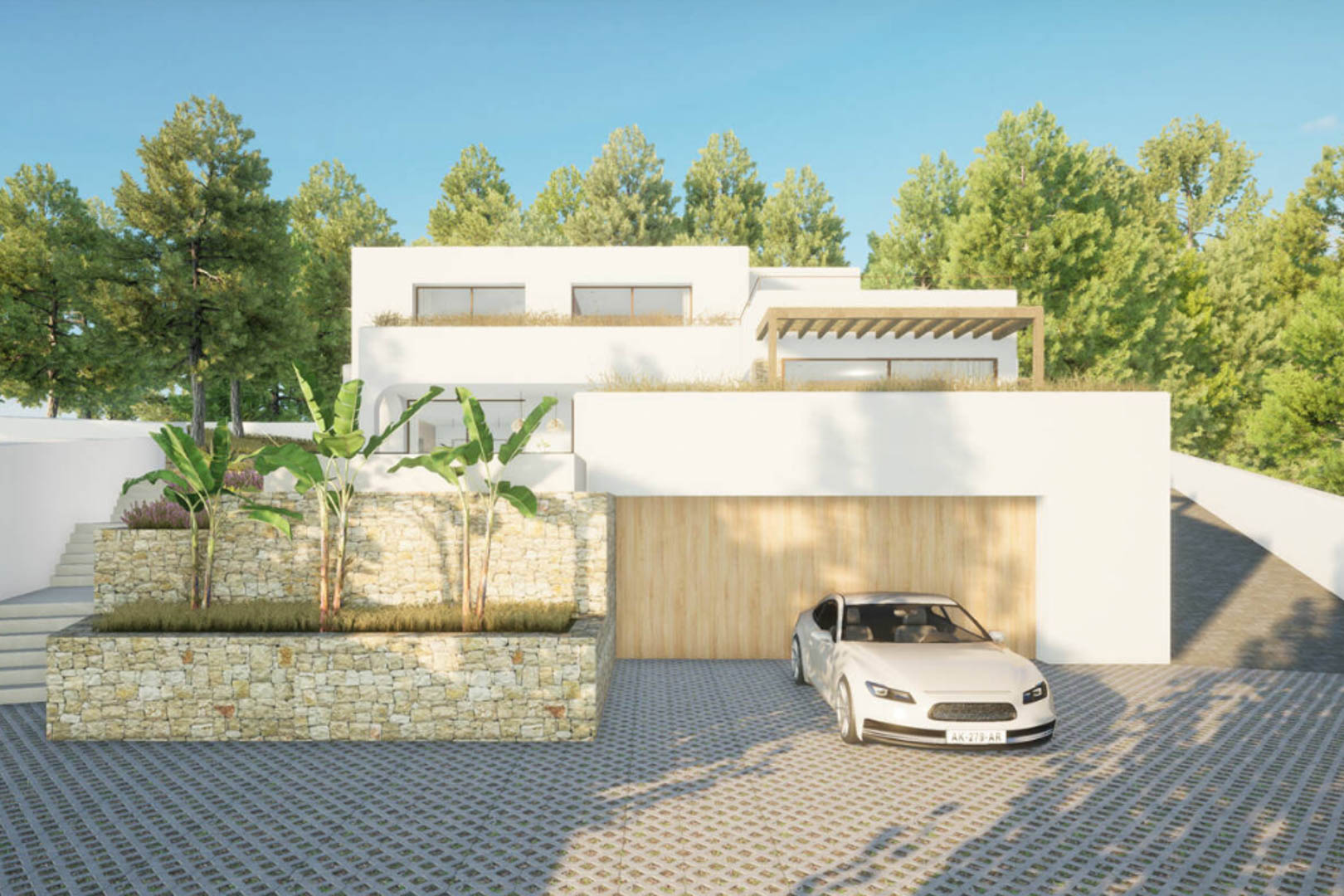Außenansicht der Villa mit weißer Fassade, Holzgarage und Steingarten mit Grünanlage.