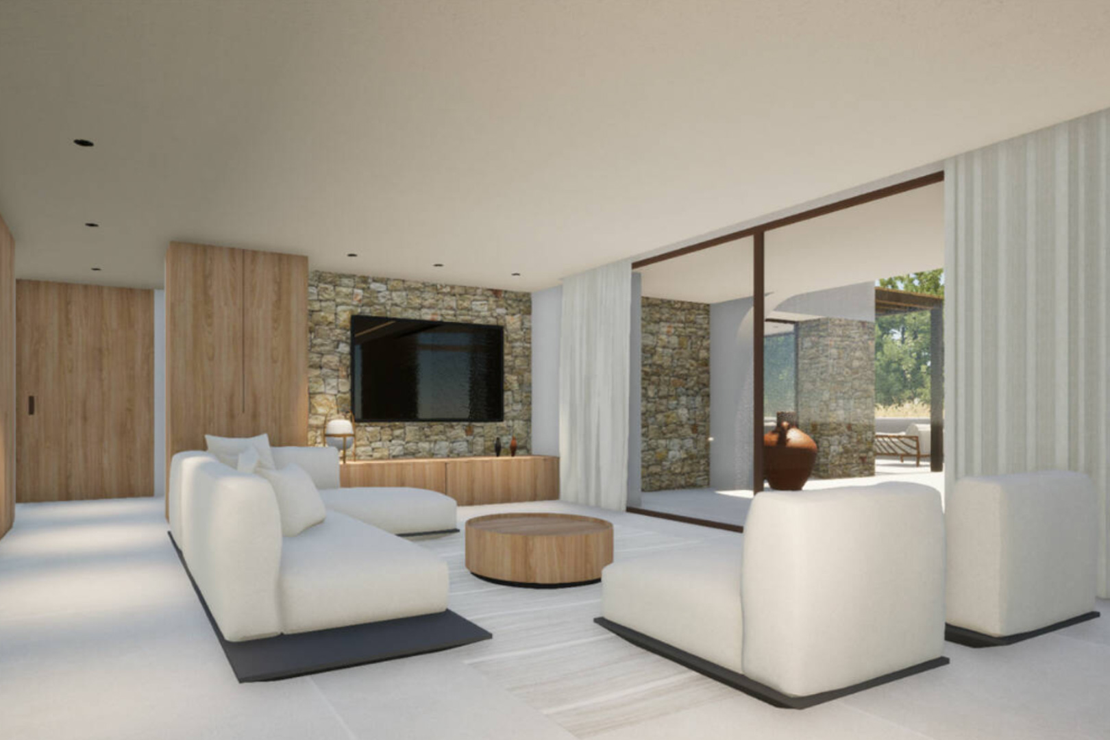 Wohnzimmer mit Steinwand, weißem modularem Sofa und rundem Couchtisch aus Holz.