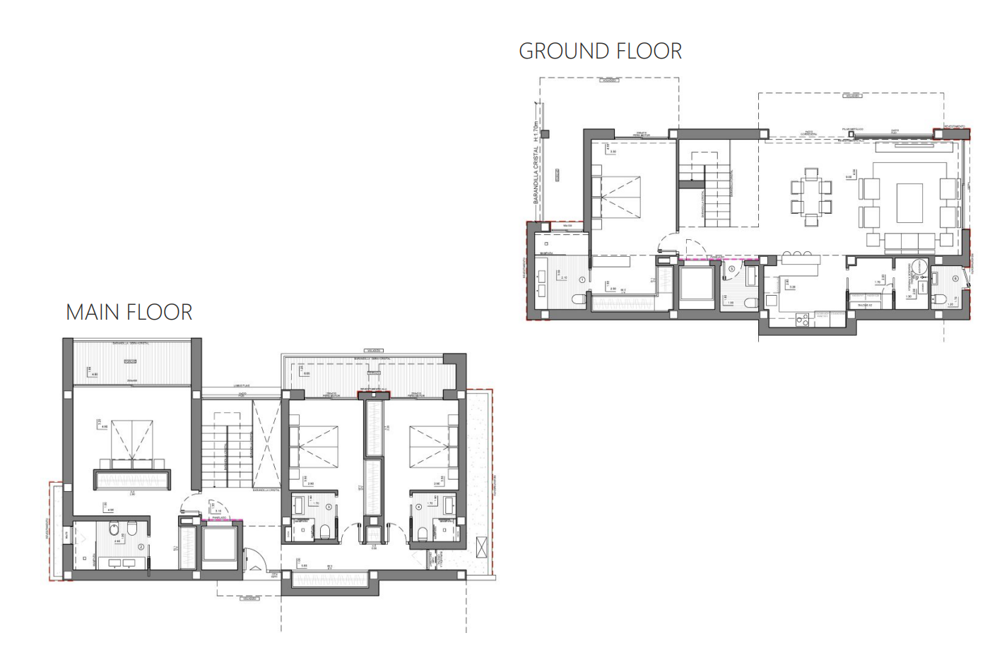 Detaillierte architektonische Grundrisse des Haupt- und Erdgeschosses, die die Aufteilung der Schlafzimmer, En-Suite-Bäder und des offenen Wohnbereichs zeigen.