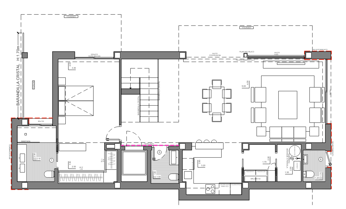 Detaillierter Grundriss des Erdgeschosses mit offenem Wohn- und Essbereich, Küche mit Insel, einem Schlafzimmer mit En-Suite-Bad und großzügiger Terrasse.