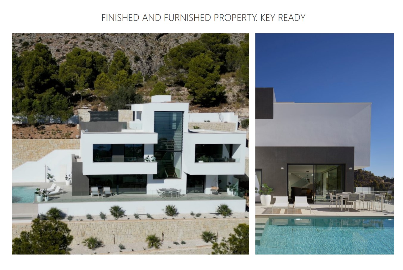 Moderne dreistöckige Villa mit geometrischer Fassade, Infinity-Pool und weitläufigen Terrassen, eingebettet in die Hänge der Sierra de Altea.