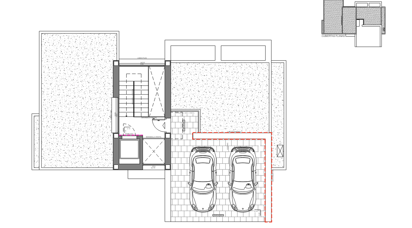 Technischer Grundriss des Obergeschosses mit Doppelgarage, Eingangshalle mit Aufzug und der Anordnung der Innentreppe.