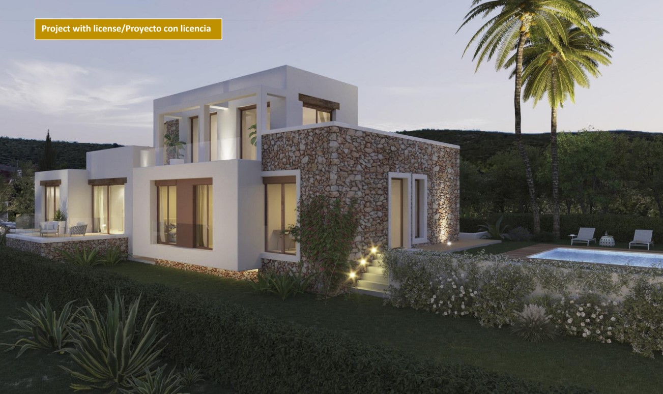 Außenansicht der Villa mit Natursteinfassade, weißen Wänden, beleuchtetem Pool und Obergeschoss-Terrassen mit Glasgeländern im Abendlicht.