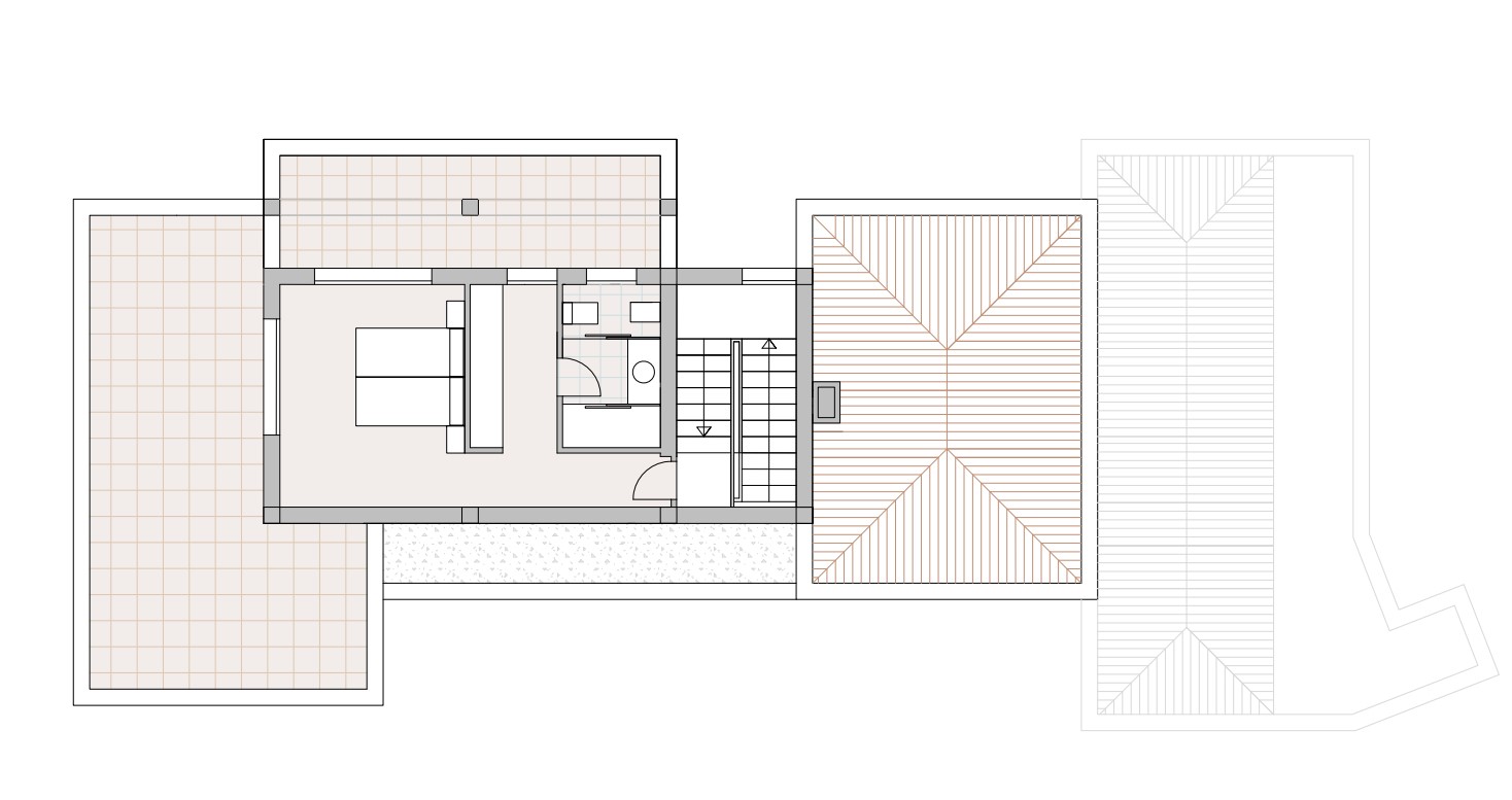 Detaillierter Grundriss des Obergeschosses mit dem Hauptschlafzimmer, Bad en Suite, Ankleidezimmer und zwei großen privaten Terrassen.
