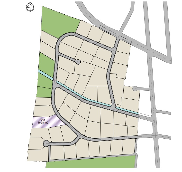 Lageplan des Grundstücks A8 mit einer Fläche von 1528 m2 in einem erschlossenen Wohngebiet mit asphaltierten Zufahrtswegen und Grünflächen.
