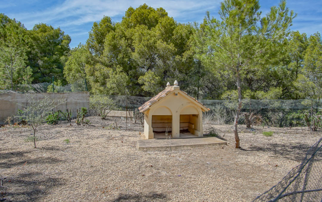 Großzügiges, eingezäuntes Hundegehege mit einer gemauerten Hundehütte mit Doppeleingang und Ziegeldach, umgeben von Pinien.