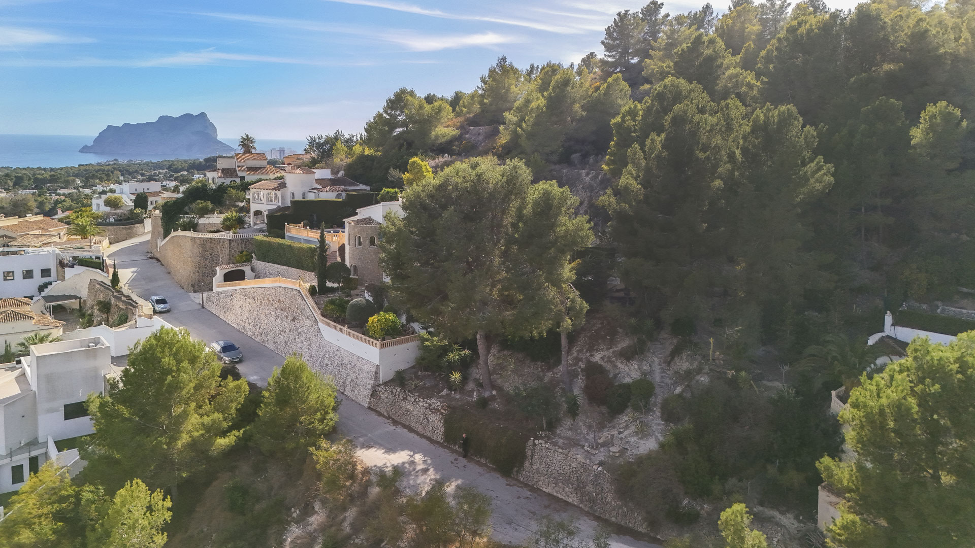Luftaufnahme des erhöhten Grundstücks in Benissa, das die natürliche Pinienlandschaft und den Panoramablick auf das Meer und den Peñón de Ifach zeigt.
