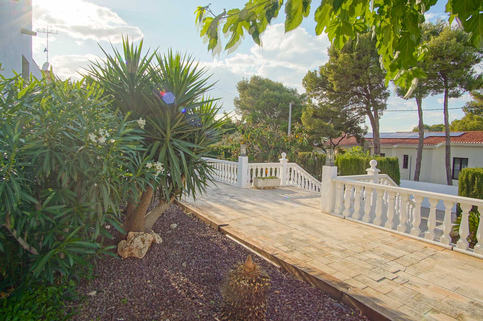 Außen-Terrasse mit weißer Balustrade und Steinpflaster, umgeben von mediterraner Vegetation und hohen Pinien bei hellem Tageslicht.