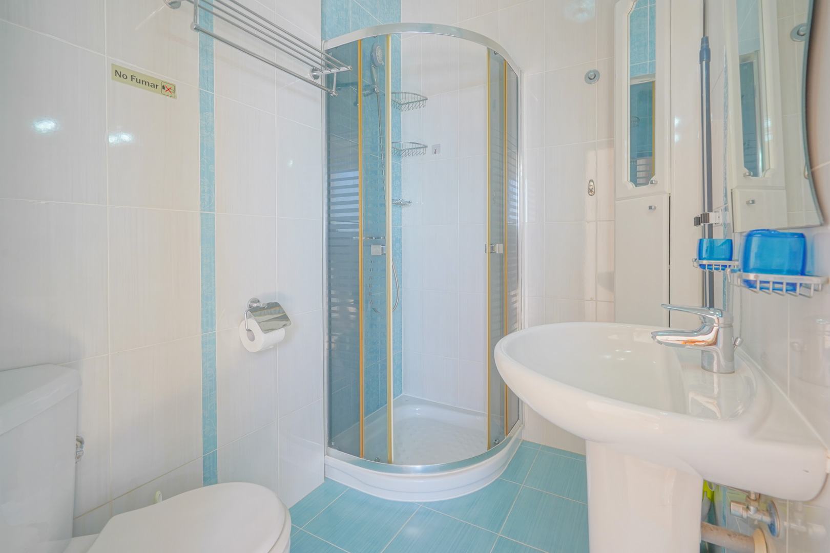 Funktionelles Badezimmer mit weiß-blauen Fliesen, einer abgerundeten Eckduschkabine und einem klassischen Standwaschbecken.