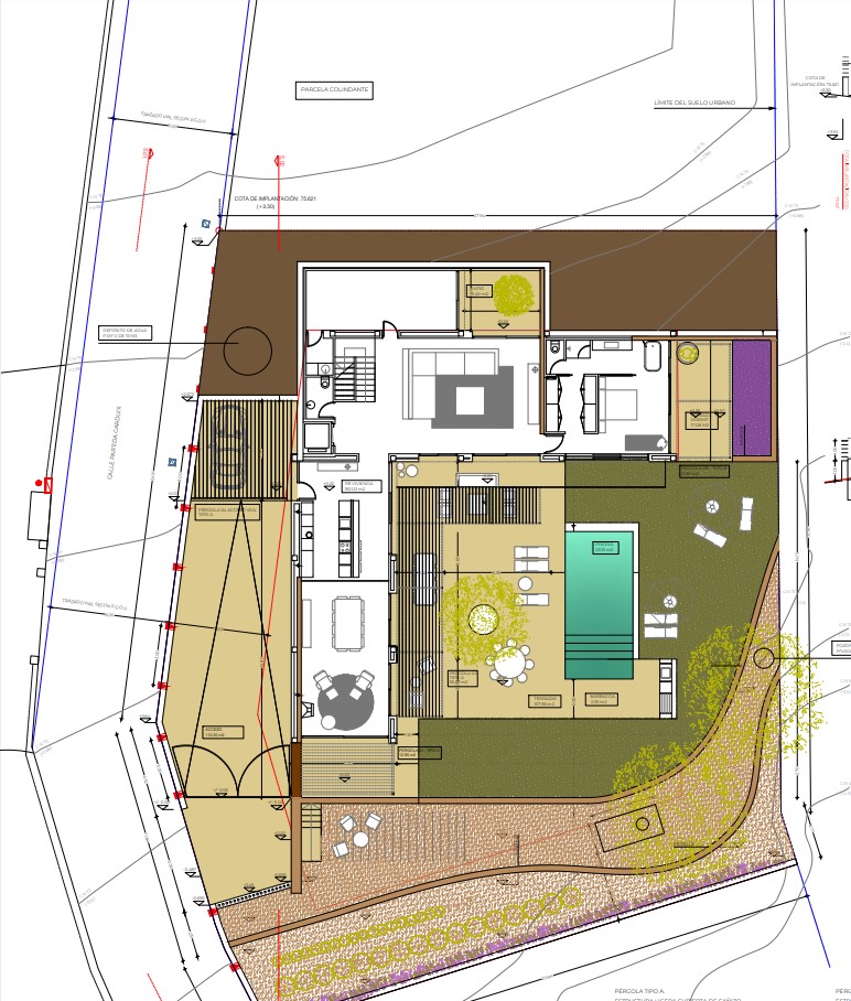 Architekturplan einer Villa mit Pool, Terrassen und Gärten auf einem 1079 m² großen Grundstück.