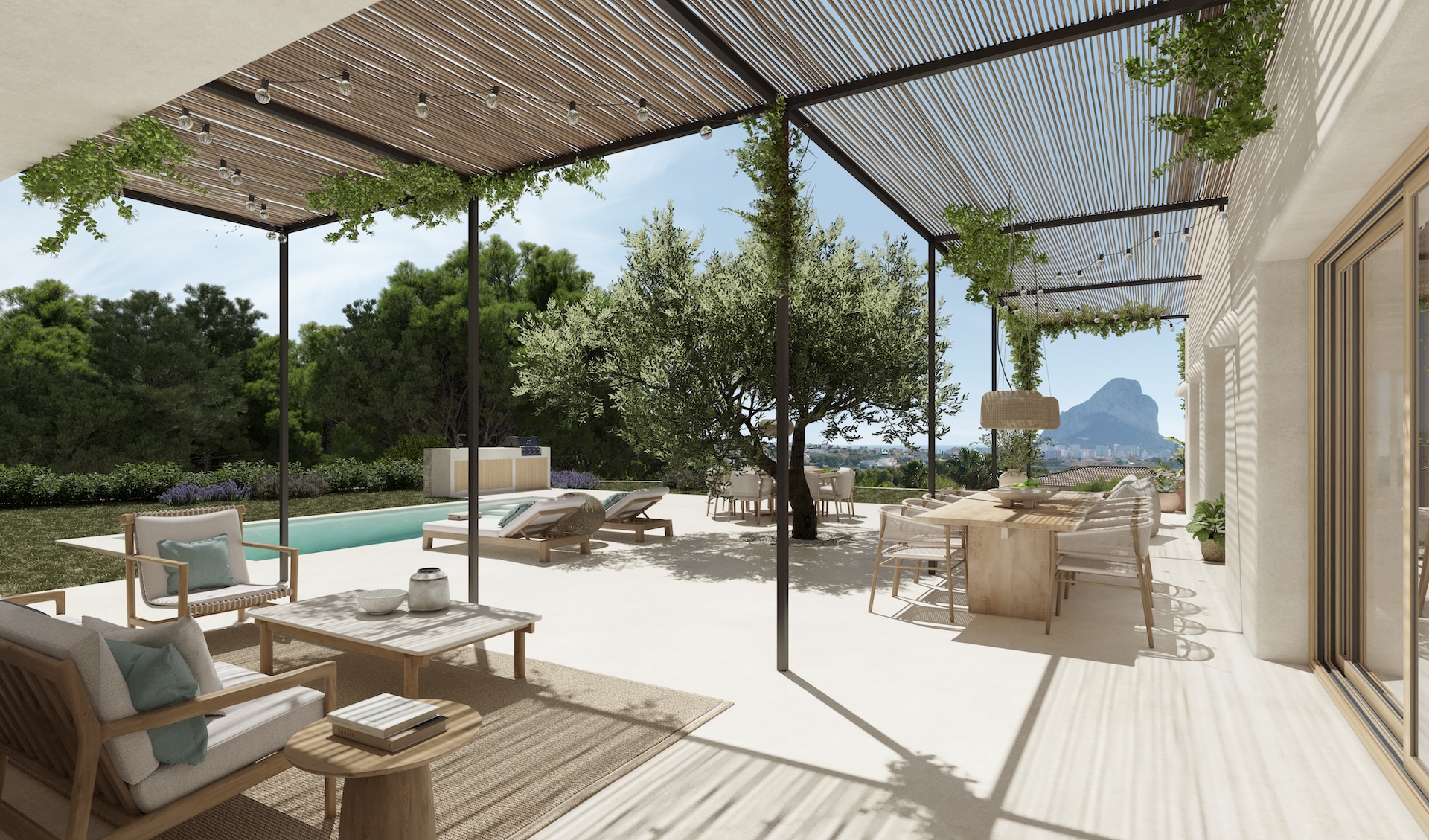 Überdachte Terrasse mit Blick auf Pool und Peñón de Ifach. Mit Gartenmöbeln und Pergola mit Begrünung.