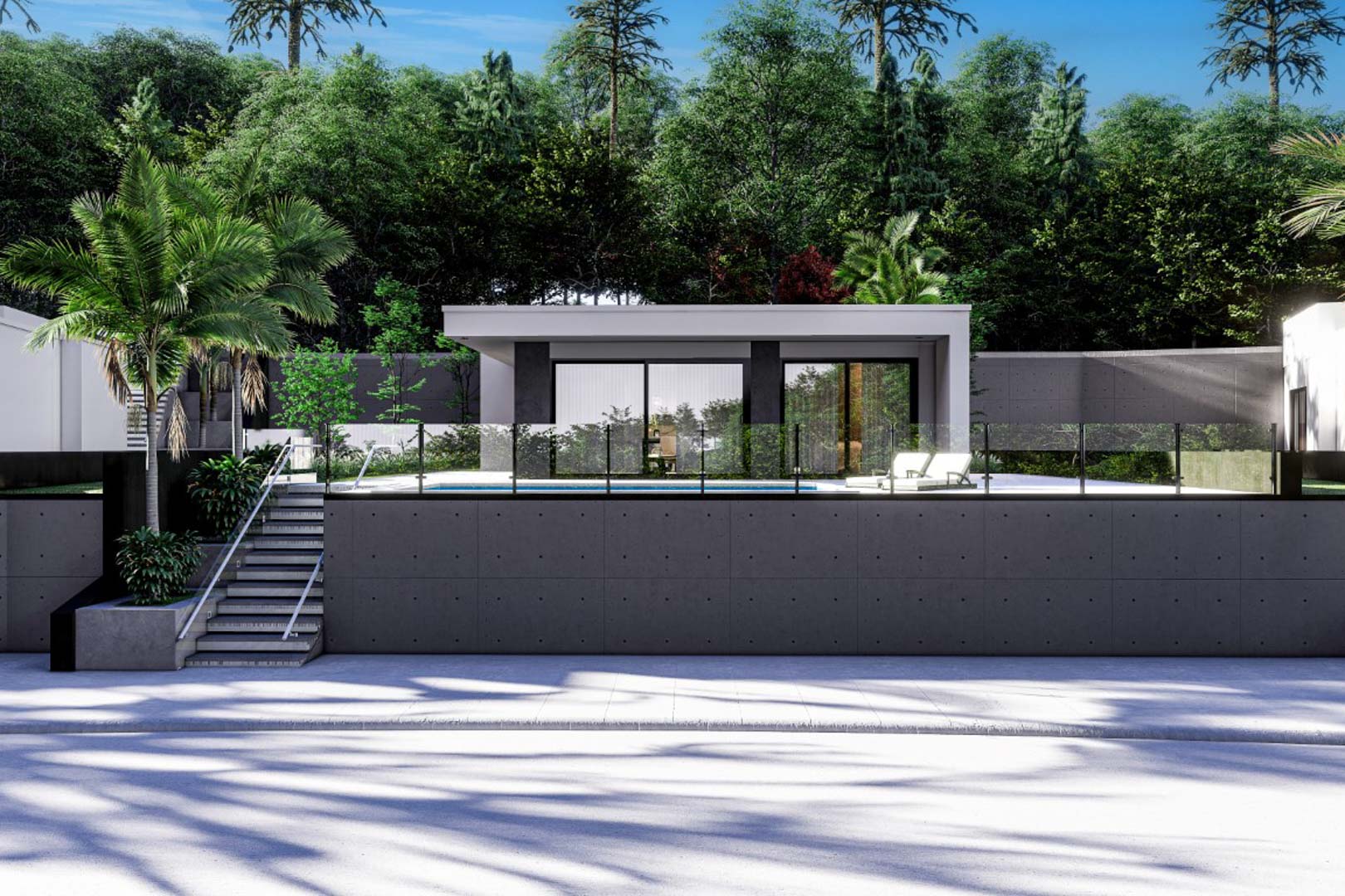 Außenansicht der modernen Villa mit weiß-grauer Fassade, erhöhtem Pool mit Glasgeländer und einer markanten Stützmauer aus Sichtbeton.