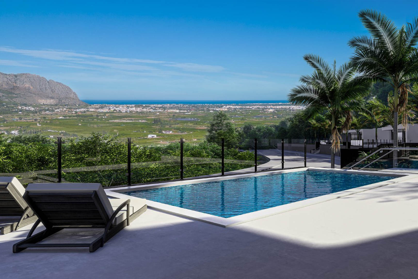 Außenterrasse mit 6x3 Meter Pool und Glasgeländern, die einen freien Panoramablick über das Tal von Pedreguer bis hin zur Mittelmeerküste bieten.