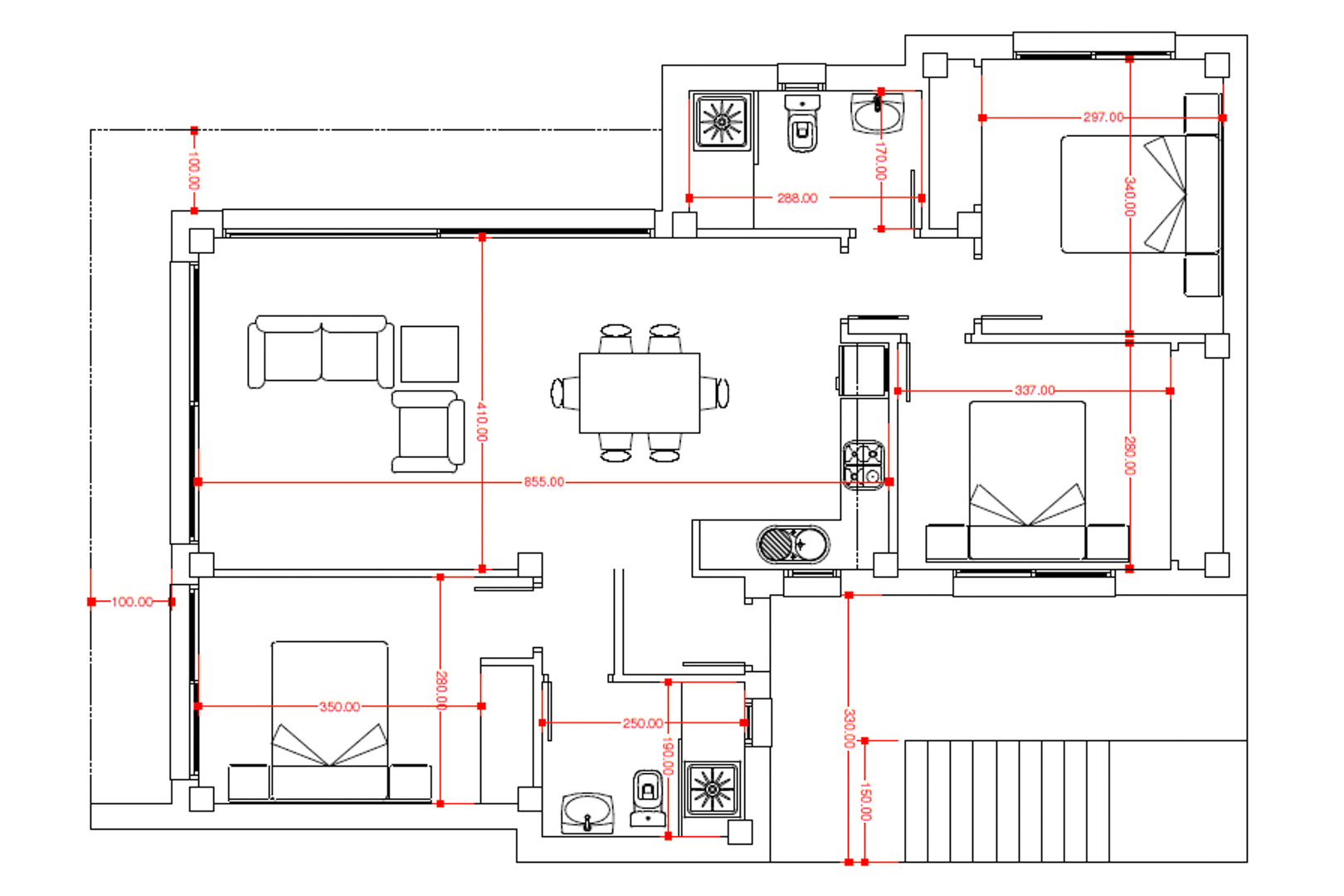 Detaillierter technischer Grundriss der Villa mit der Aufteilung von drei Schlafzimmern, zwei Badezimmern und einem großzügigen offenen Wohn- und Essbereich mit präzisen Maßen.