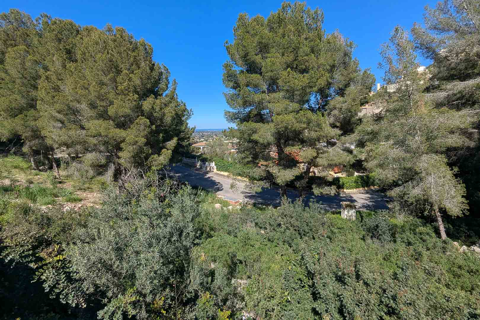 Erhöhter Blick vom Grundstück auf die waldreiche natürliche Umgebung, die Zufahrtsstraße und ein Panorama über das Tal bis hin zum Meer am Horizont.