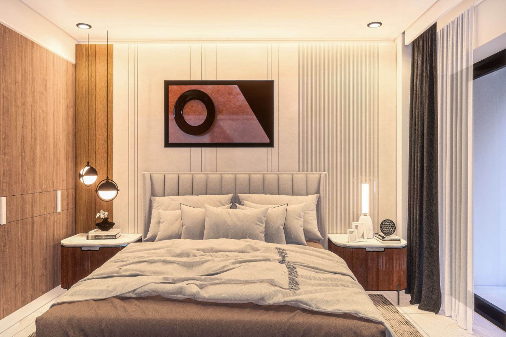 Hauptschlafzimmer mit gepolstertem Kopfteil, Holzvertäfelung und strukturierter Akzentwand. Moderne Pendelleuchten und Nachttische mit Marmorplatte ergänzen das Design.