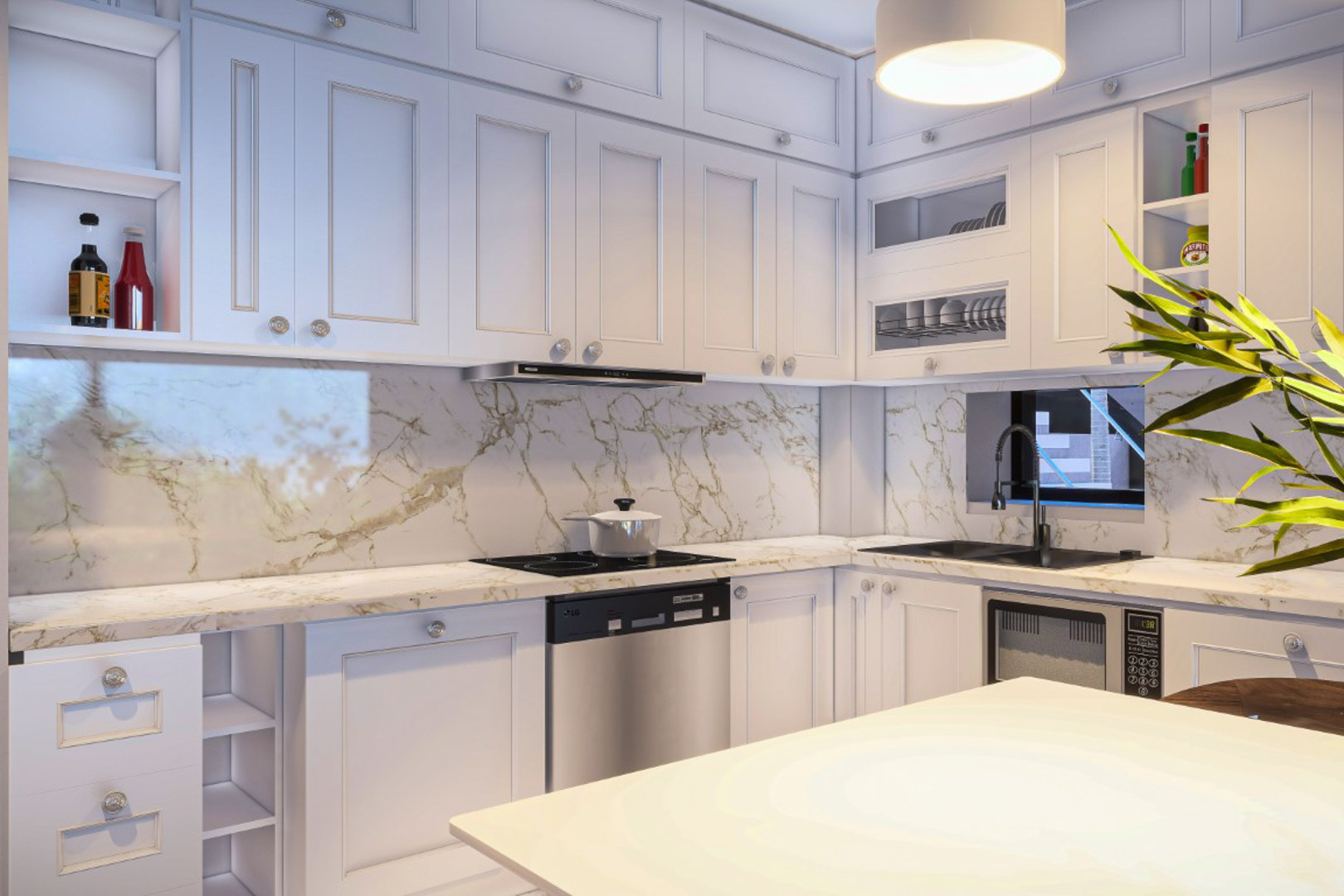 Moderne Küche mit weißen Schränken, Arbeitsplatten aus gemasertem Granit und passender Rückwand. Ausgestattet mit schwarzer Spüle und integrierten Edelstahlgeräten.