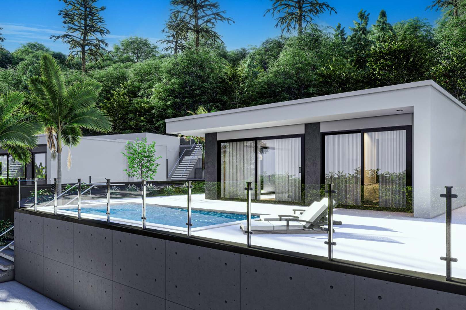 Moderne Villenfassade mit großen Glasschiebetüren, weißer Terrasse und privatem Pool mit Glasgeländer, eingebettet in eine üppige, waldreiche Hügellandschaft.