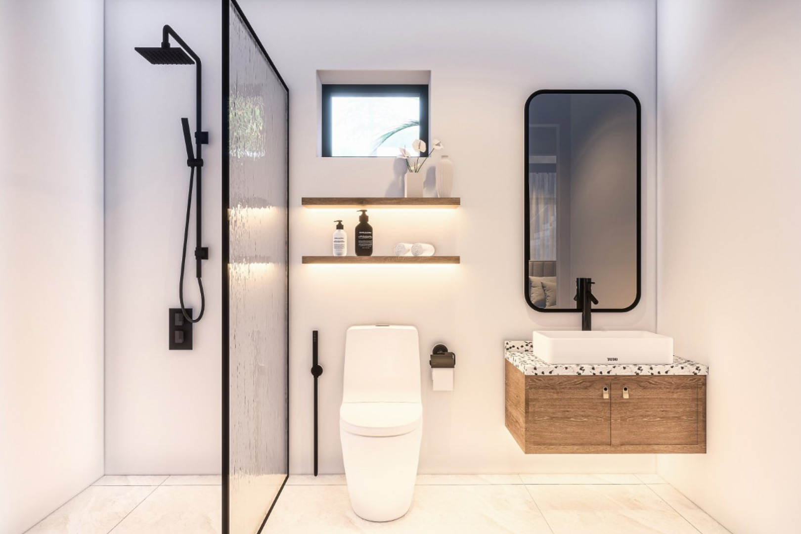 Modernes Badezimmer mit begehbarer Dusche, schwarzen Armaturen, schwebendem Holzwaschtisch und beleuchteten Einbauregalen.