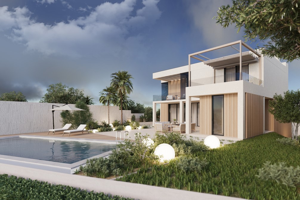 Außenansicht der Villa: Pool mit Liegestühlen, beleuchteter Garten und Fassade mit Holzverkleidung.