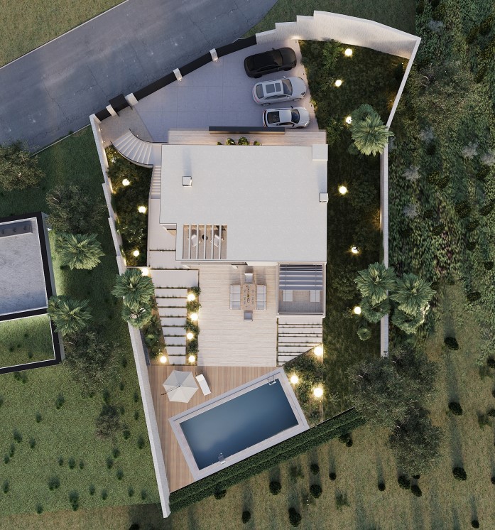 Luftaufnahme einer modernen Villa mit Pool, Holzterrasse und privatem Parkplatz in Calpe.