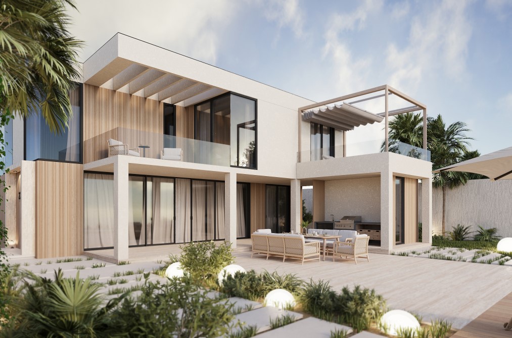 Modernes Äußeres mit Terrasse und Landschaftsgarten mit Ambientebeleuchtung.