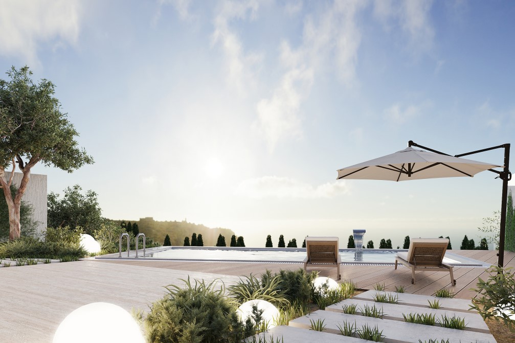 Poolblick mit Liegestühlen und Sonnenschirm, umgeben von mediterranem Grün und kugelförmiger Umgebungsbeleuchtung.