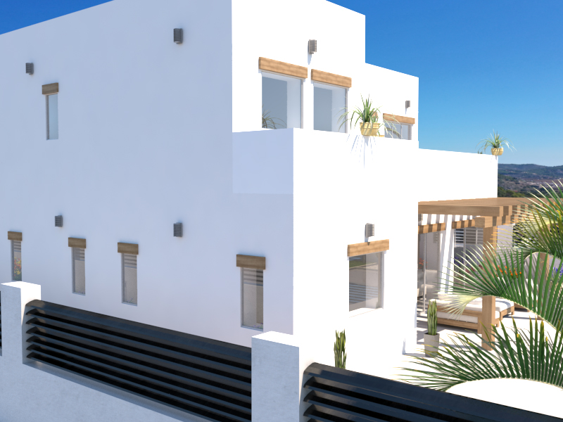 Außenansicht der modernen Villa mit weißer Fassade, Fensterstürzen aus Holz und einer Holzpergola über dem Lounge-Bereich im Freien.