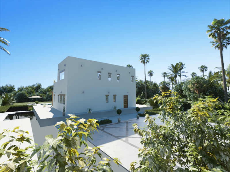 Außenansicht der modernen Villa mit weißer Fassade, minimalistischen Fenstern und gepflasterter Einfahrt, umgeben von Palmen und mediterraner Bepflanzung.