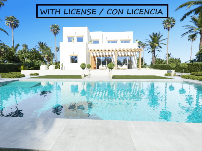 Außenansicht der modernen weißen Villa mit großem Pool, Holzpergola-Terrasse und gepflegtem mediterranem Garten mit Palmen.