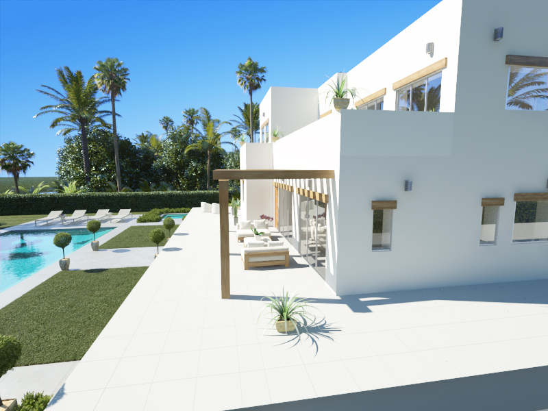 Außenansicht der modernen weißen Villa mit großzügiger Fliesenterrasse, Holzpergola und Poolbereich, eingebettet in einen gepflegten Garten mit Palmen.