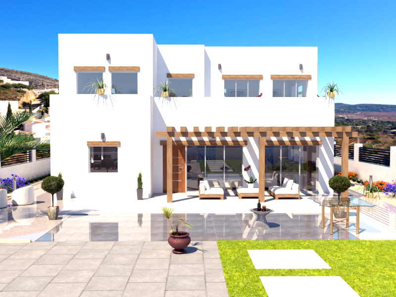 Außenansicht einer modernen weißen Villa mit zwei Etagen, Holzpergola, großzügiger Fliesenterrasse und weitem Blick über das Tal von Alcalalí.