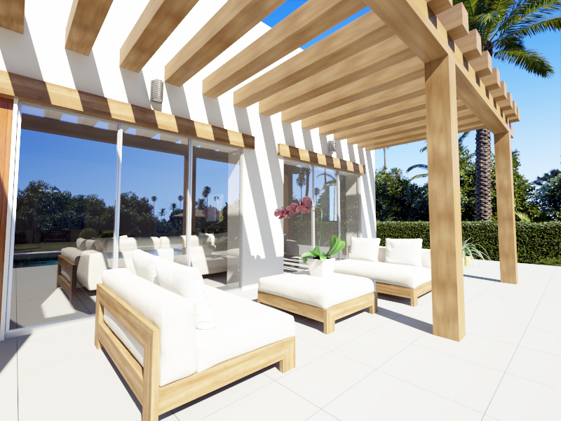 Außenbereich mit massiver Holzpergola, modernen Loungemöbeln mit weißen Polstern und großen Glasschiebetüren, die den Garten und Innenraum verbinden.