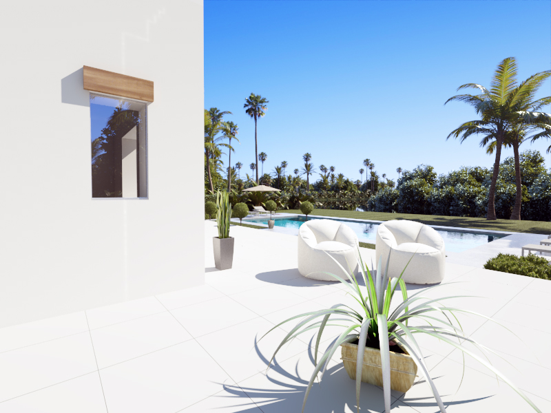 Außenterrasse mit weißen Fliesen, modernen Sesseln am Pool und einem mediterran angelegten Garten mit hohen Palmen unter blauem Himmel.